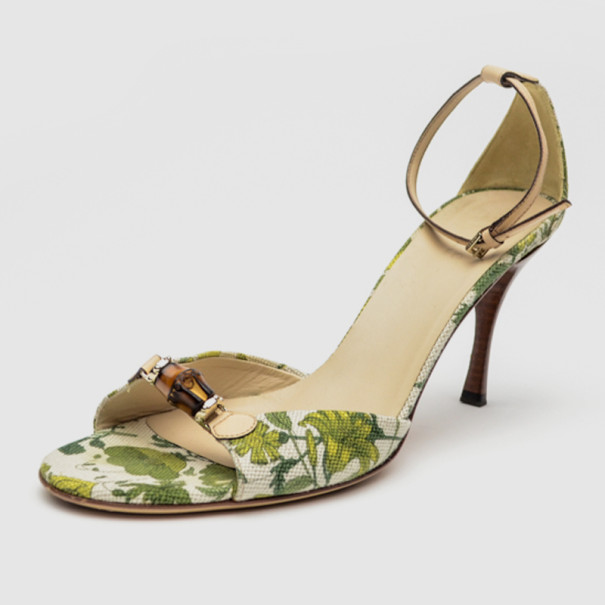 Pre Owned Gucci Green Flora Canvas Bamboo Ankle Strap Sandals Size 39.5