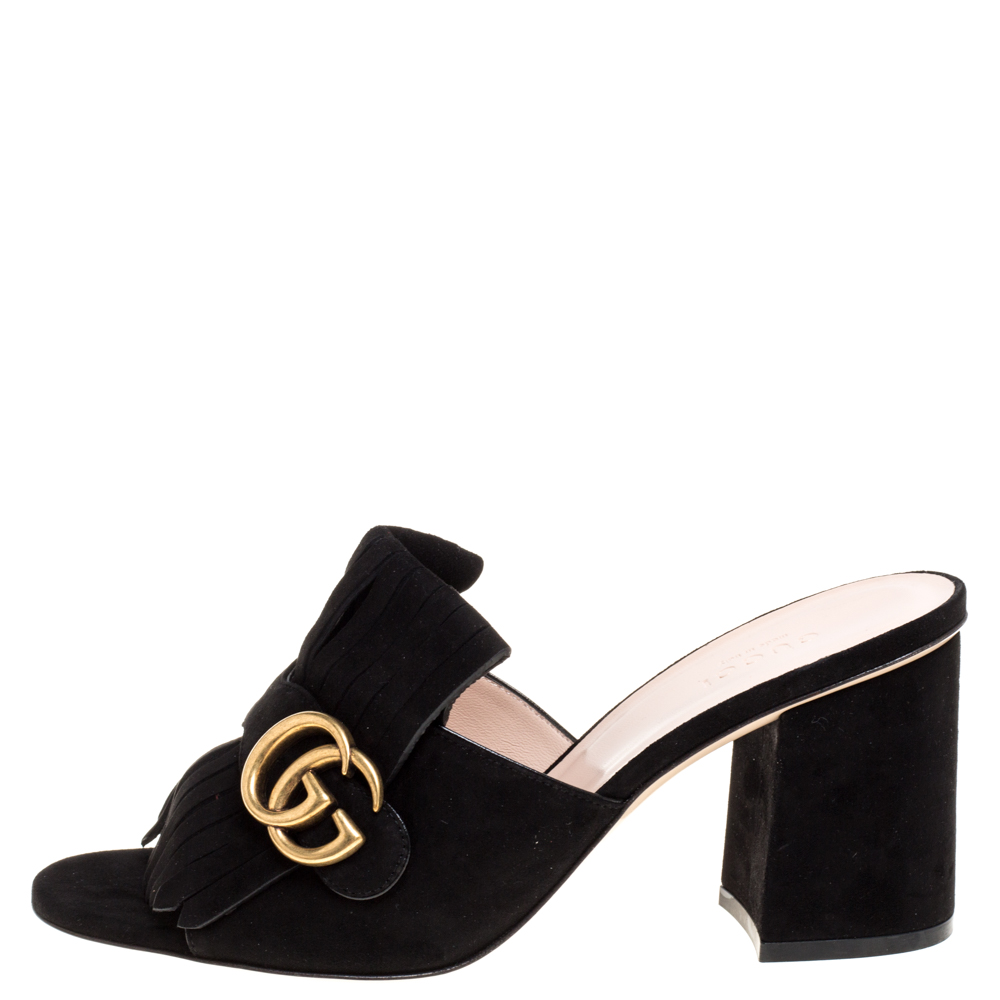 

Gucci Navy Blue Suede GG Marmont Fringed Slide Sandals Size, Black