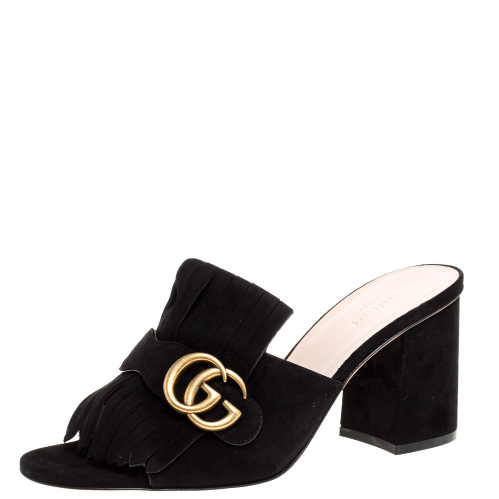 مملوكة مسبقًا Gucci Navy Blue Suede GG Marmont Fringed Slide Sandals Size 39
