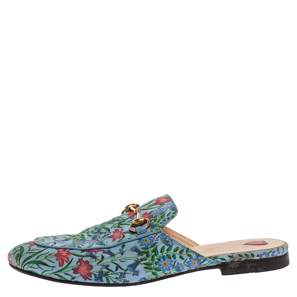 

Gucci Blue Floral Print Satin Princetown Mules Size