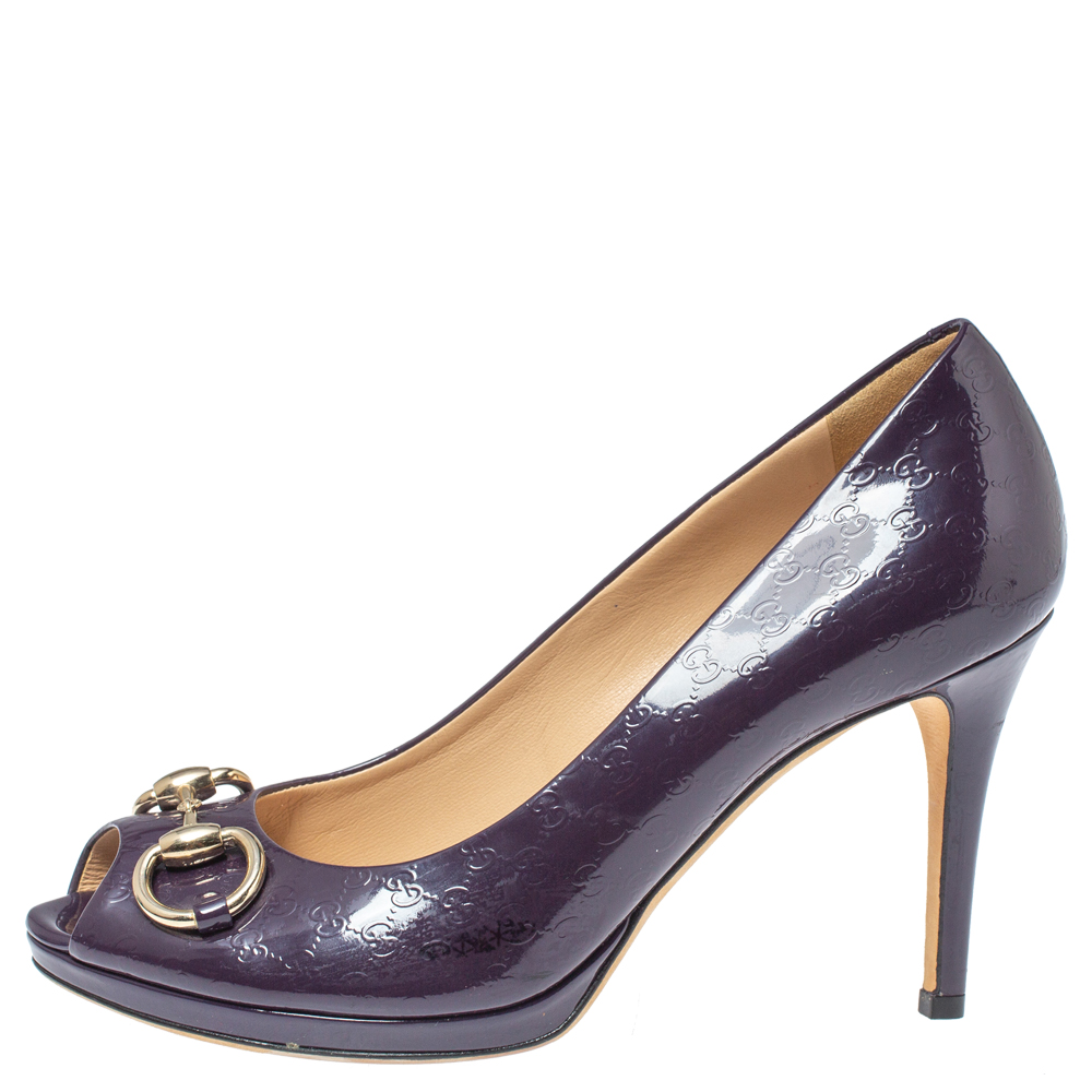 

Gucci Purple Guccissima Patent Leather Horsebit Peep Toe Pumps Size