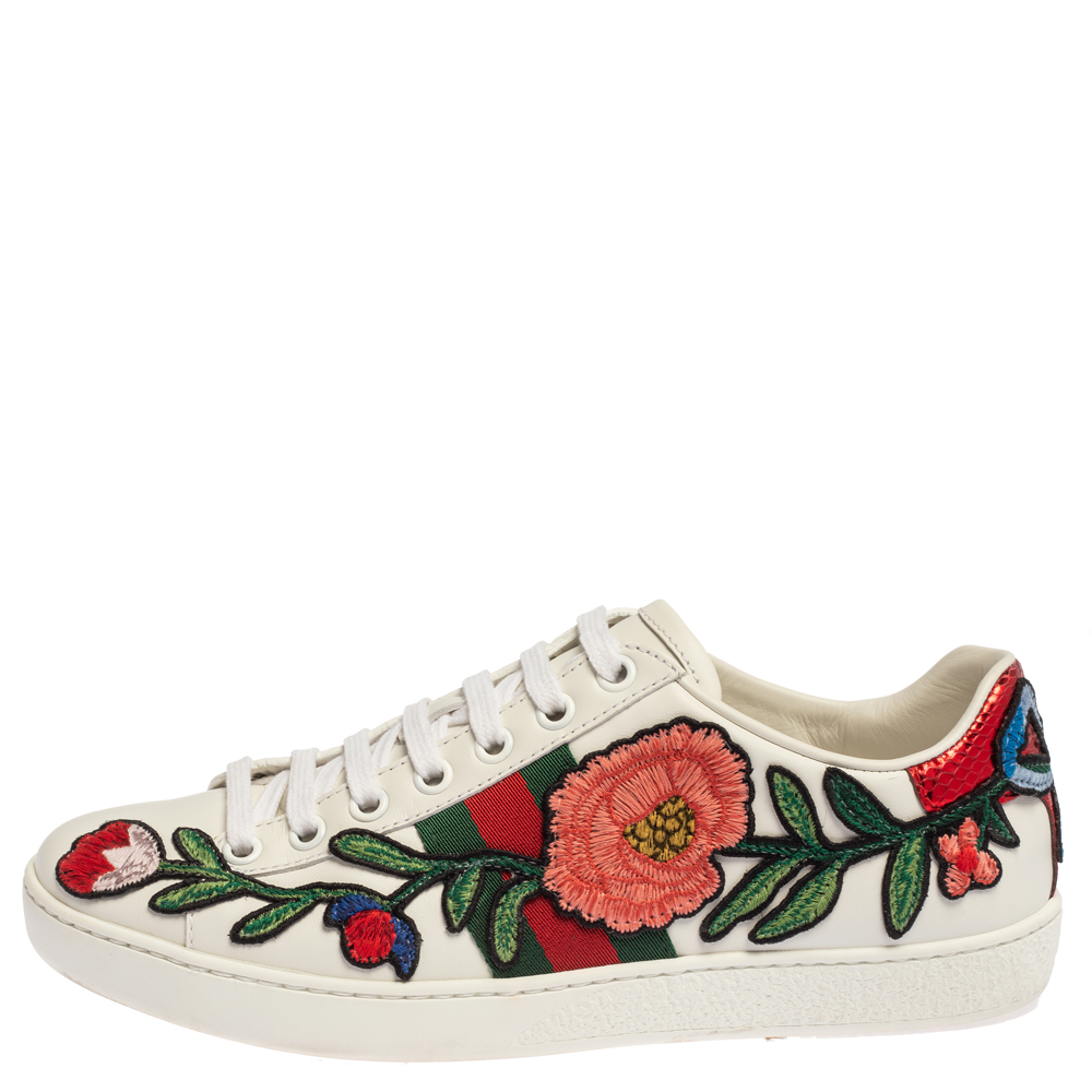 

Gucci White Leather Ace Floral-Embroidered Web Low Top Sneakers Size