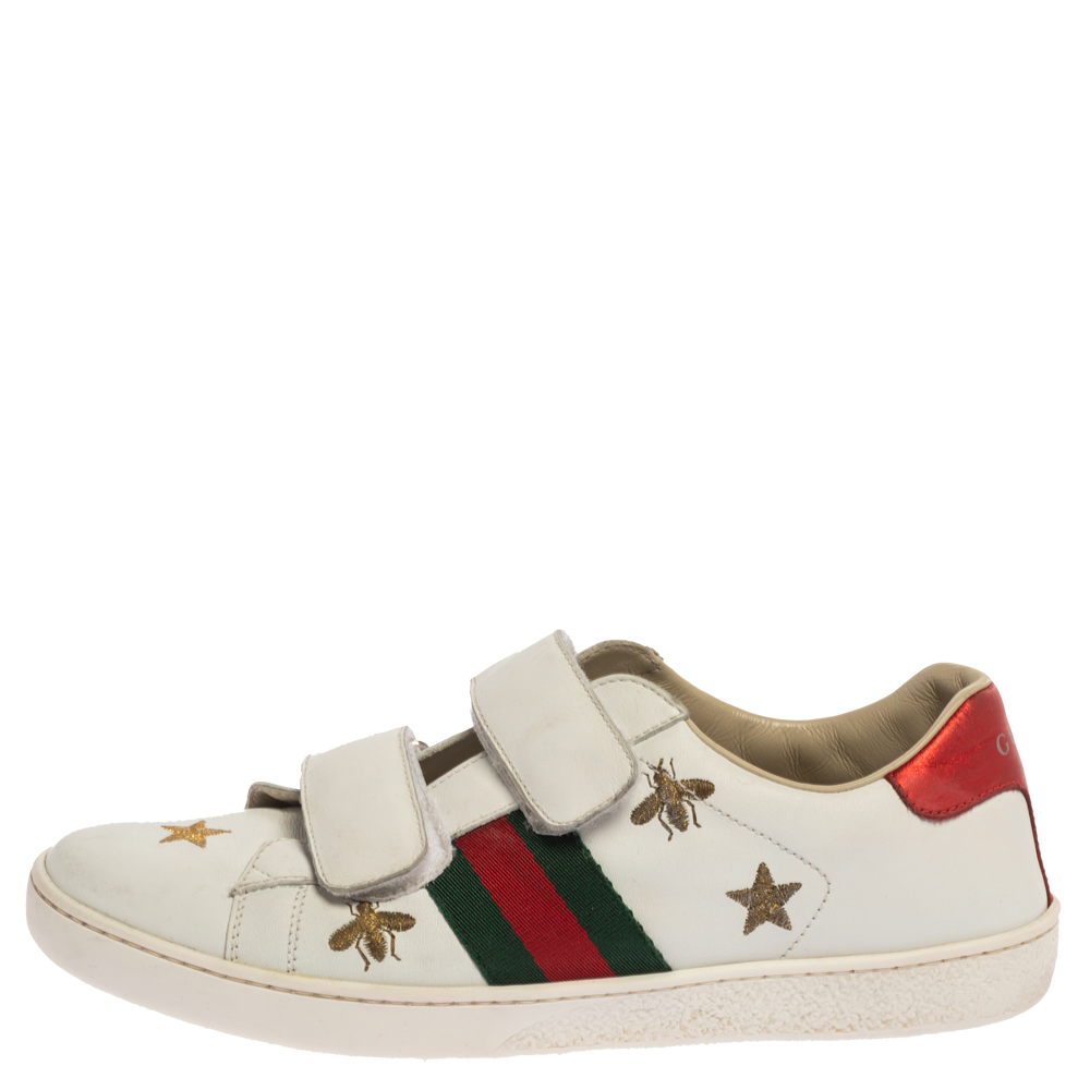 

Gucci White Leather Ace Bees and Stars Embroidered Velcro Strap Sneaker Size