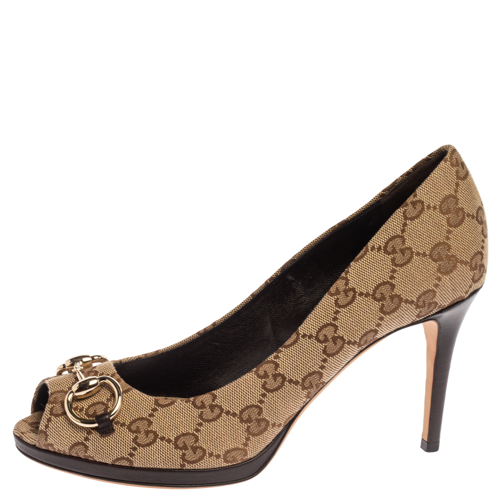 

Gucci Beige GG Canvas Horsebit Peep Toe Pumps Size