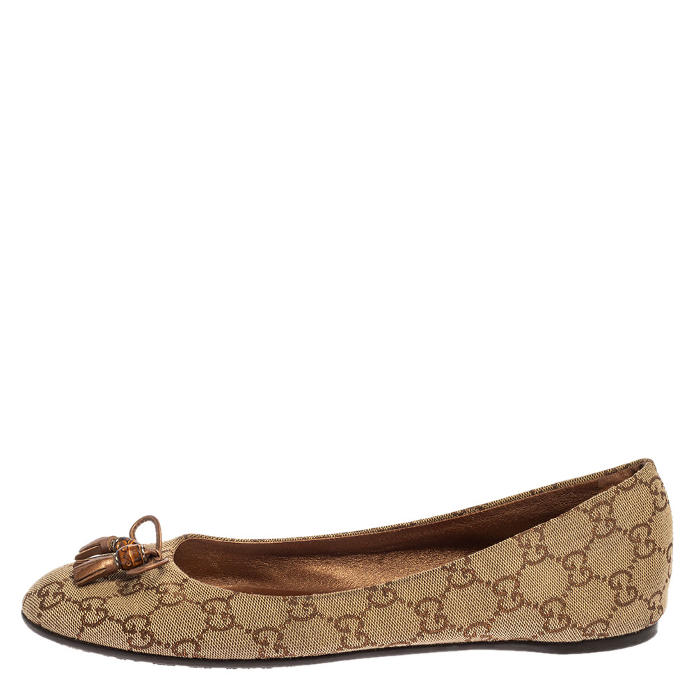 

Gucci Beige Guccissima Canvas Bamboo Bow Tassel Ballet Flats Size