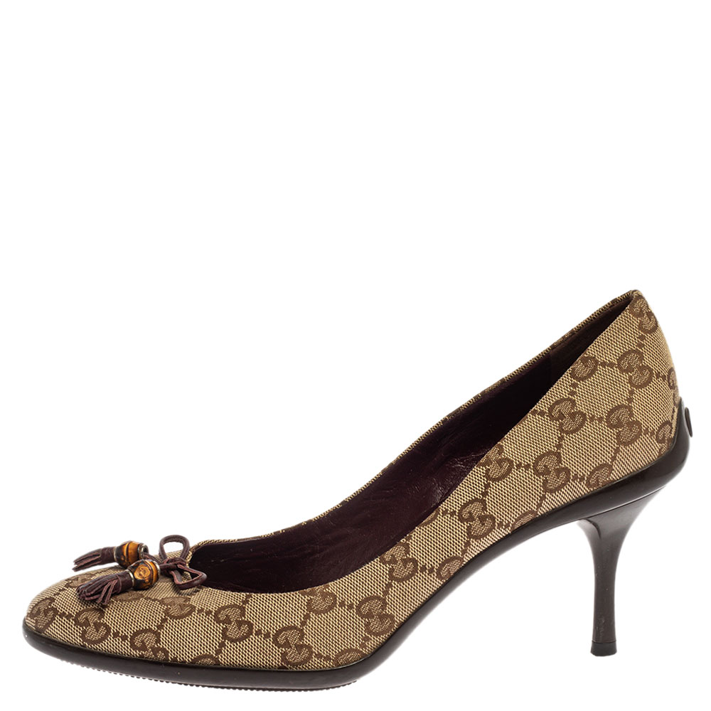 

Gucci Beige GG Canvas Bamboo Bow Tassel Pumps Size