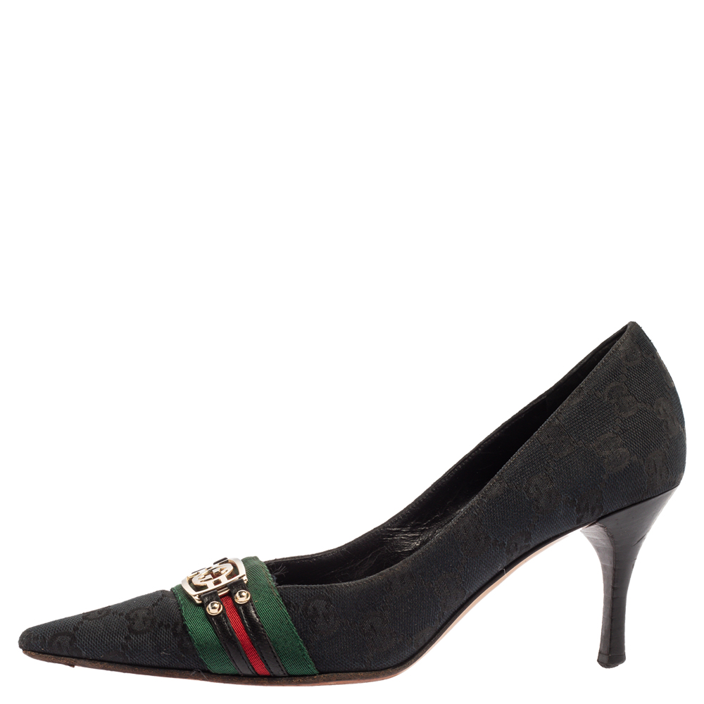 

Gucci Dark Blue GG Canvas Web Pointed Toe Pumps Size