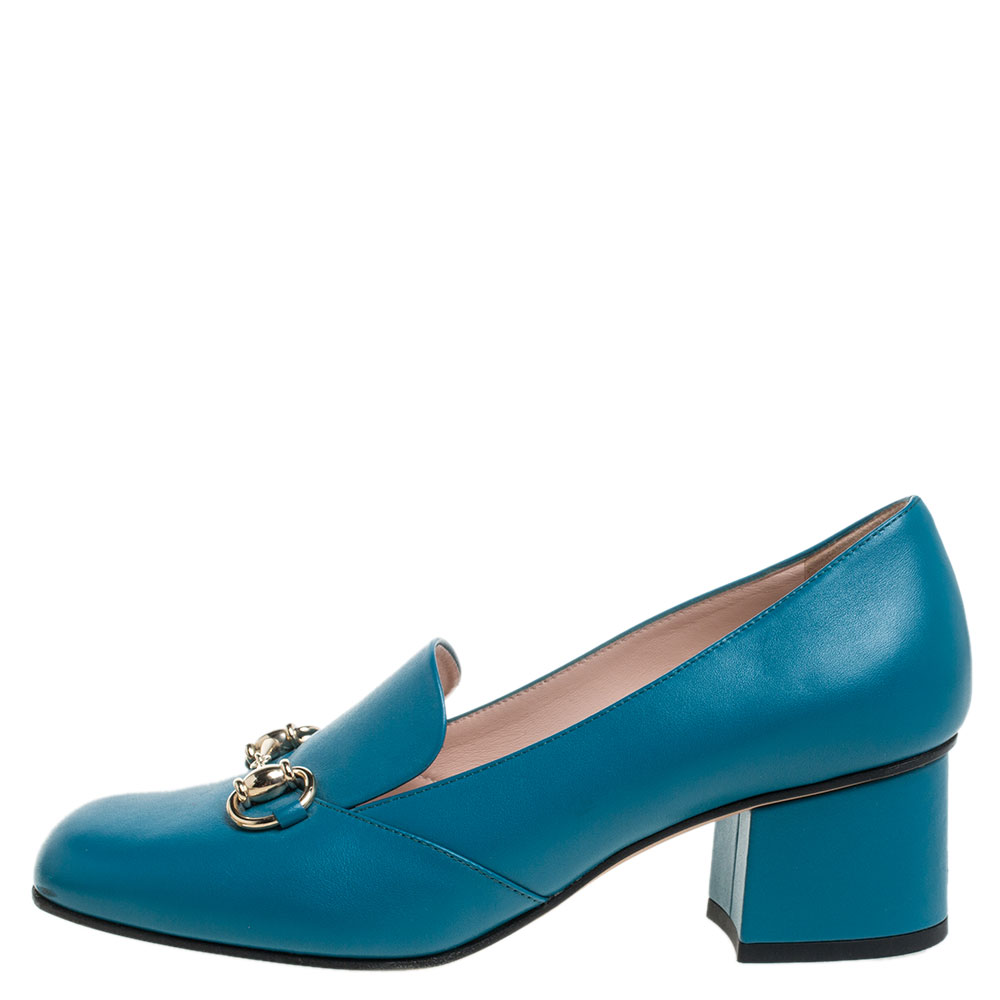 

Gucci Blue Leather Horsebit Block Heel Loafer Pumps Size