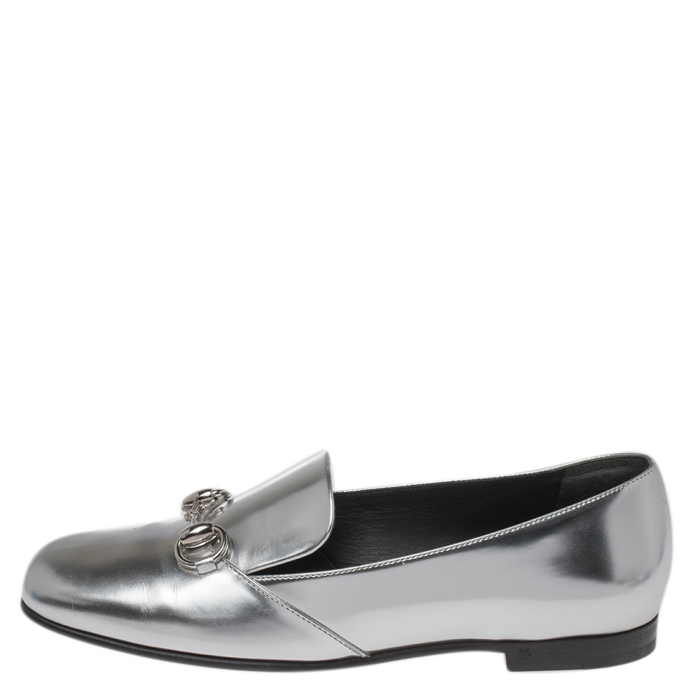 

Gucci Silver Foil Leather Kira Horsebit Loafers Size
