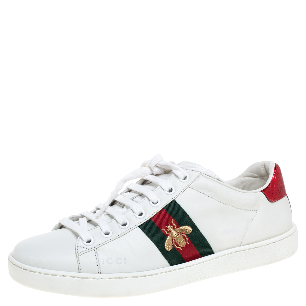 Gucci White Leather Ace Web Low Top Sneakers Size 38