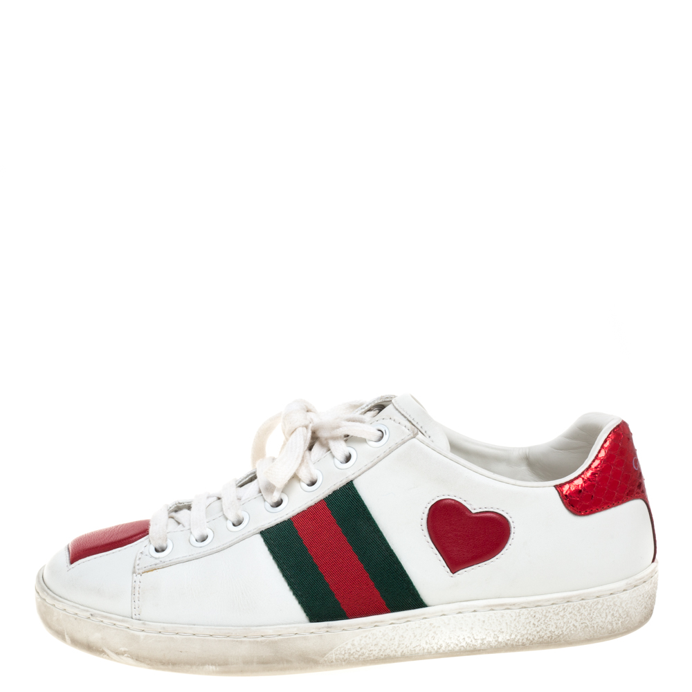 

Gucci White Leather Ace Web Heart Detail Lace Up Sneaker Size