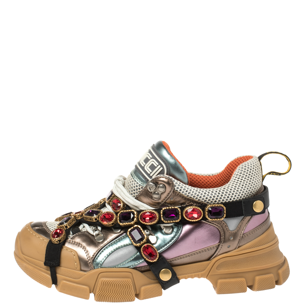 

Gucci Multicolor Leather and Mesh Flashtrek Removable Crystals Sneakers Size