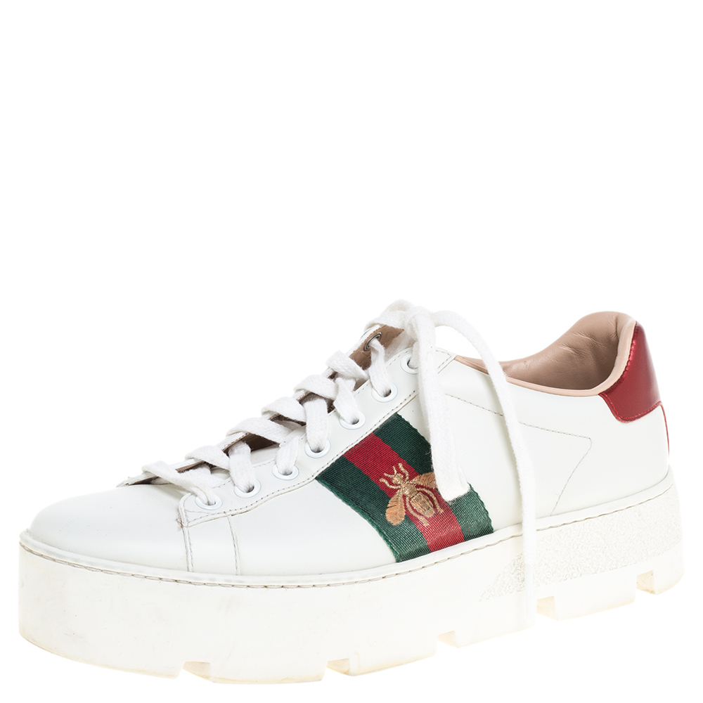 Pre Owned Gucci White Leather Embroidered Bee Ace Low-Top Sneakers Size 37.5