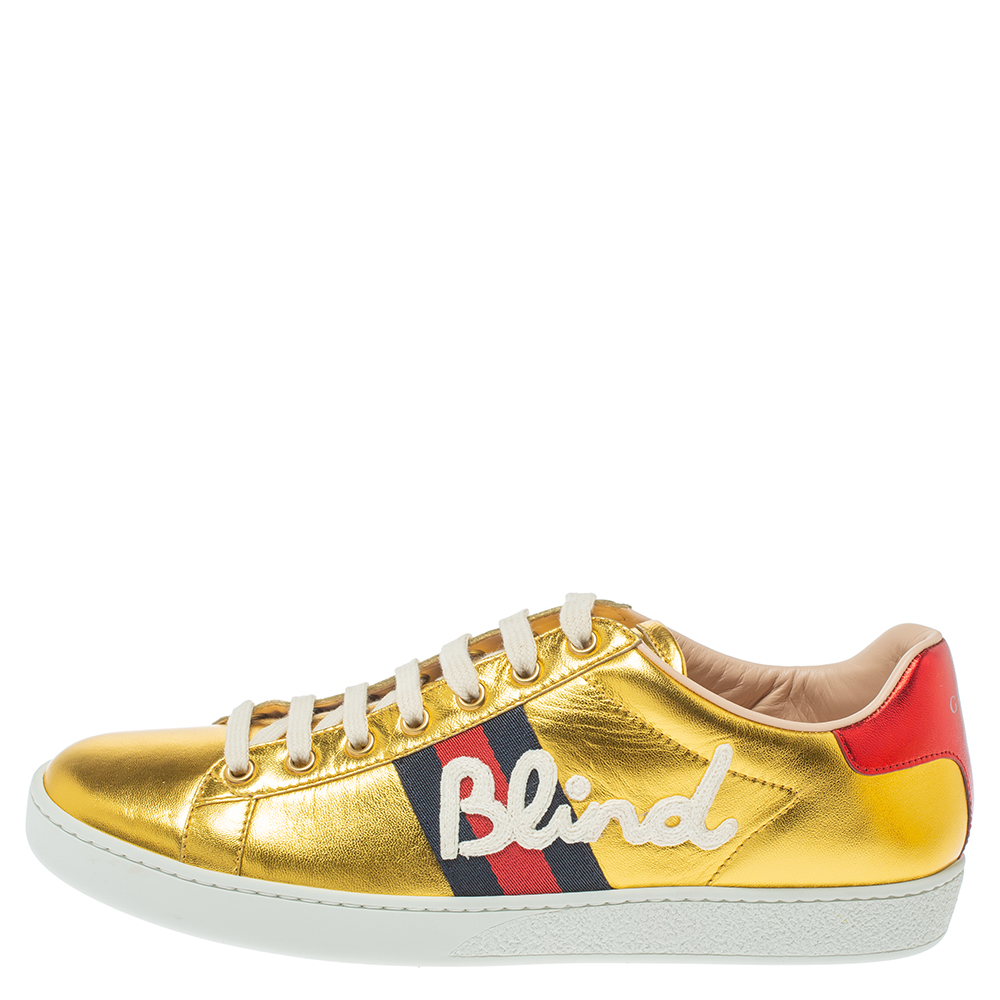 

Gucci Metallic Gold Ace Blind For Love Lace Up Sneakers Size