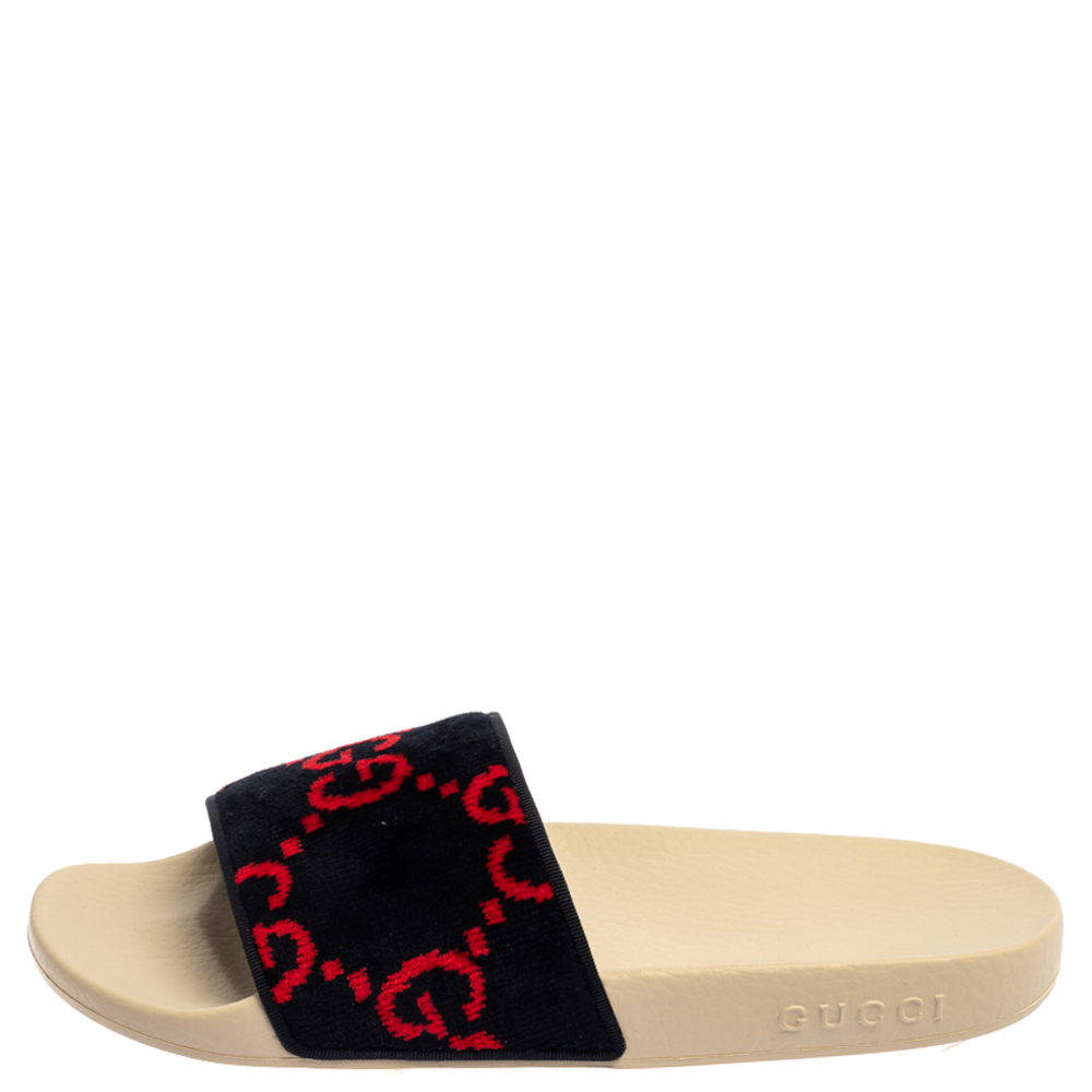 

Gucci Blue/Red Velvet Monogram Slide Sandals Size
