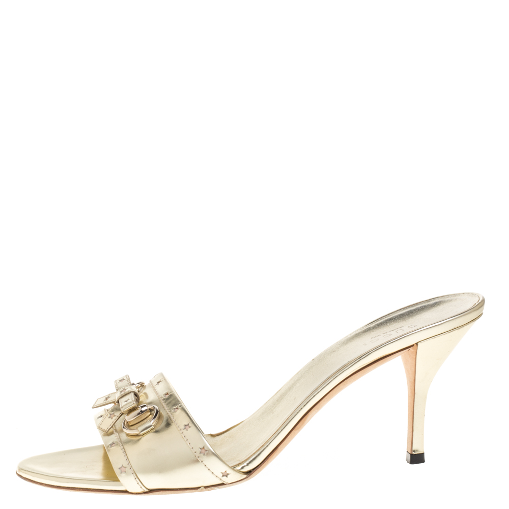 

Gucci Gold Patent Leather Bow Detail Horsebit Slides Size 40C