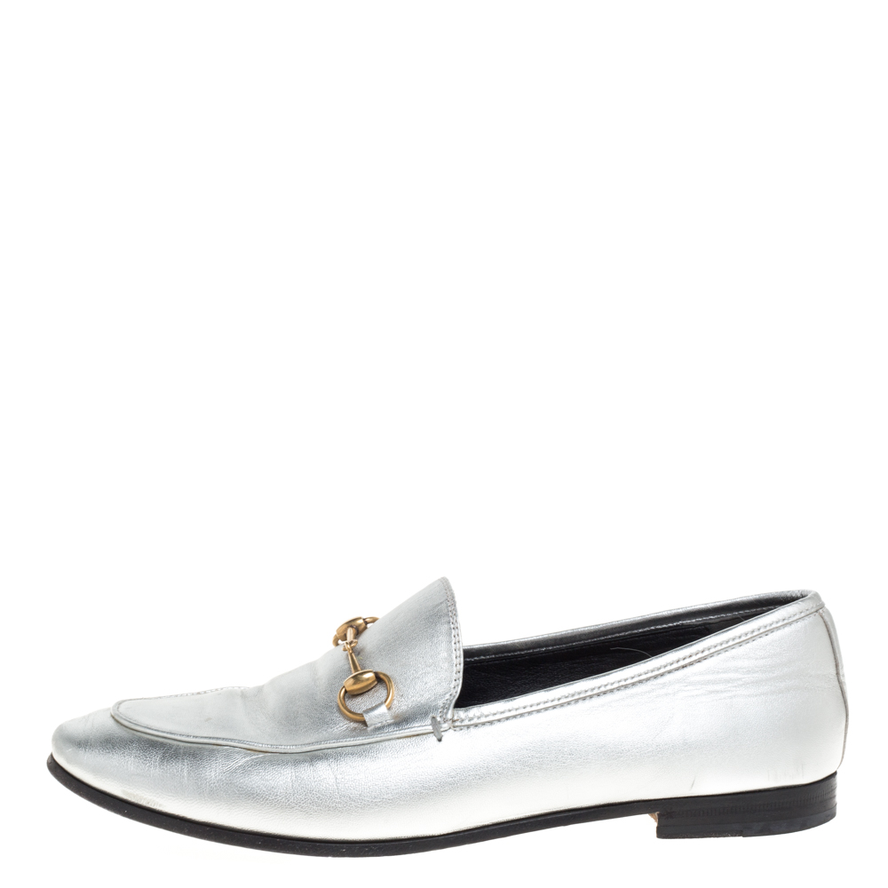 

Gucci Silver Leather Jordaan Horsebit Slip On Loafers Size