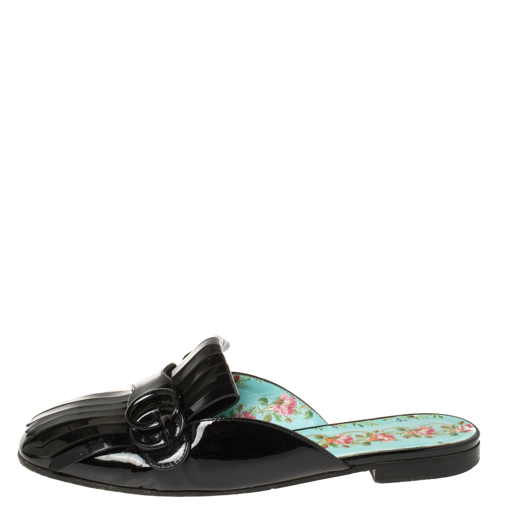 

Gucci Black Patent Leather Marmont Fringe Detail Slippers Size