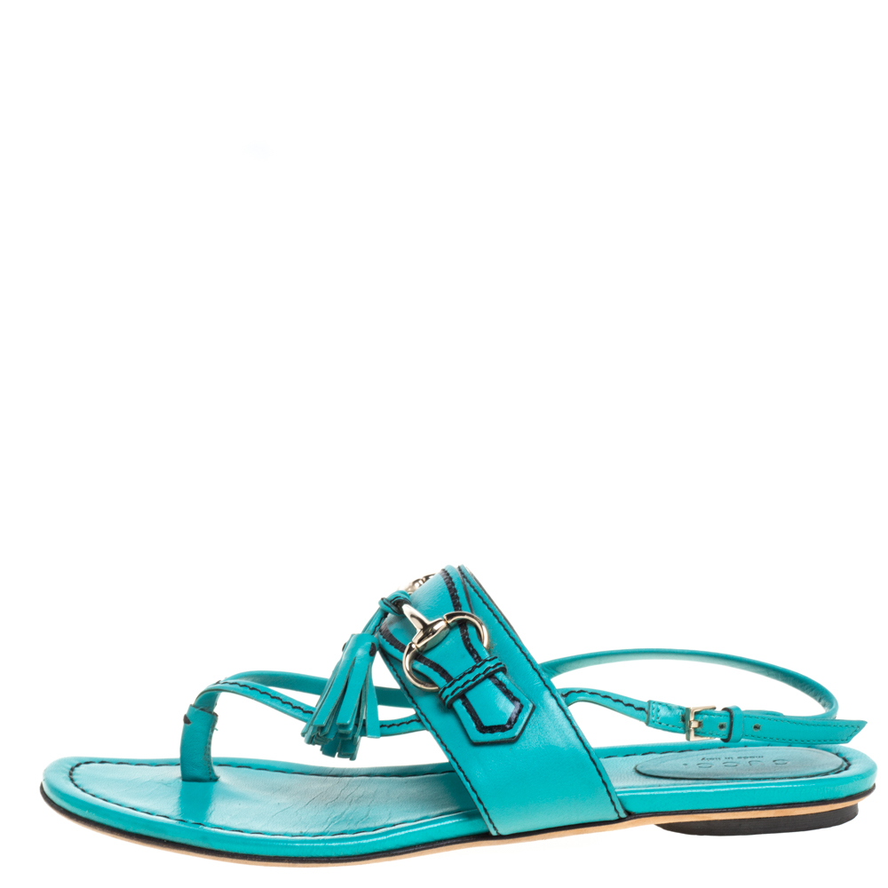 

Gucci Blue Leather Tassel Horsebit Thong Flat Sandals Size