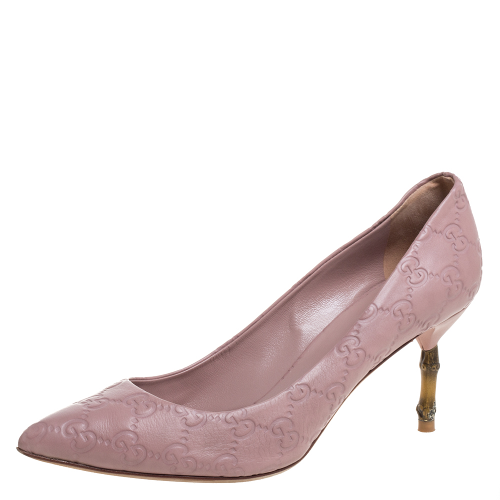 Gucci Pale Pink Guccissima Leather Kristen Bamboo Heel Pumps Size 38.5