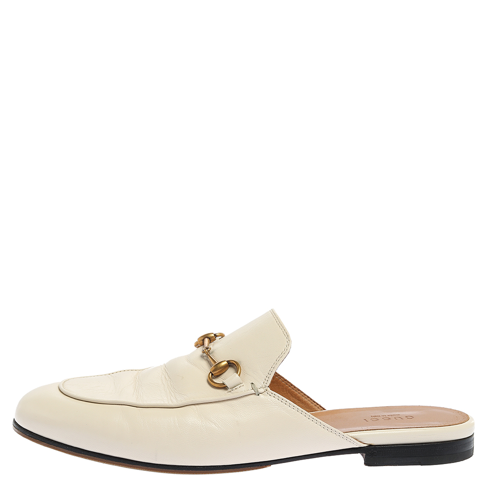 

Gucci White Leather Princetown Horsebit Mules Size