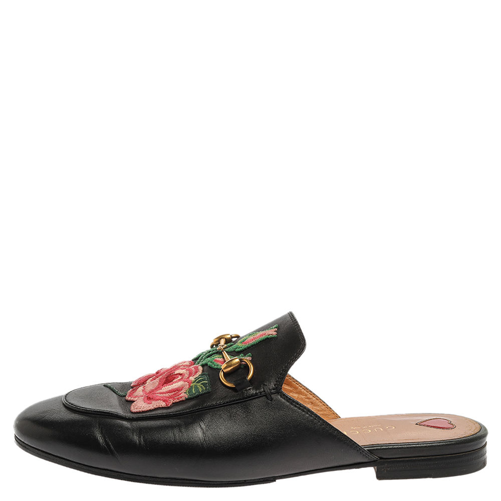 

Gucci Black Leather Rose Embroidered Princetown Horsebit Flat Mules Size