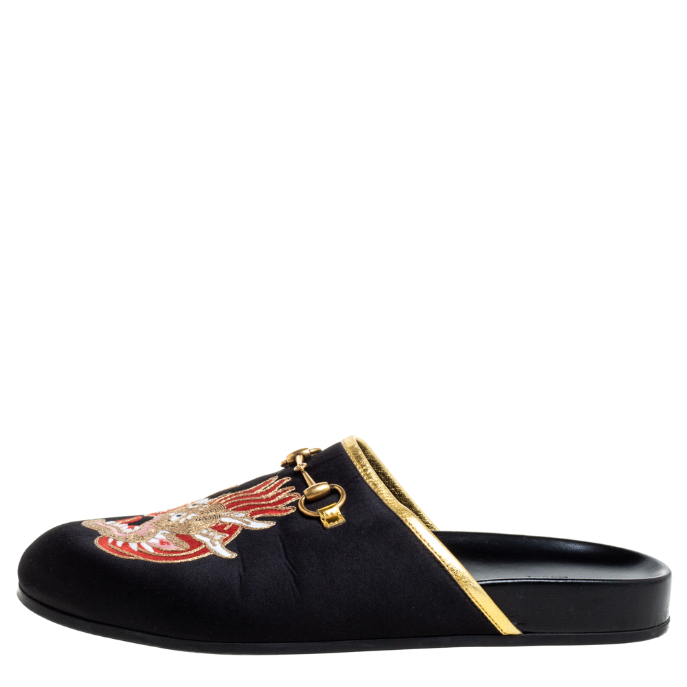 

Gucci Black Satin Embroidered Horsebit Mules Size