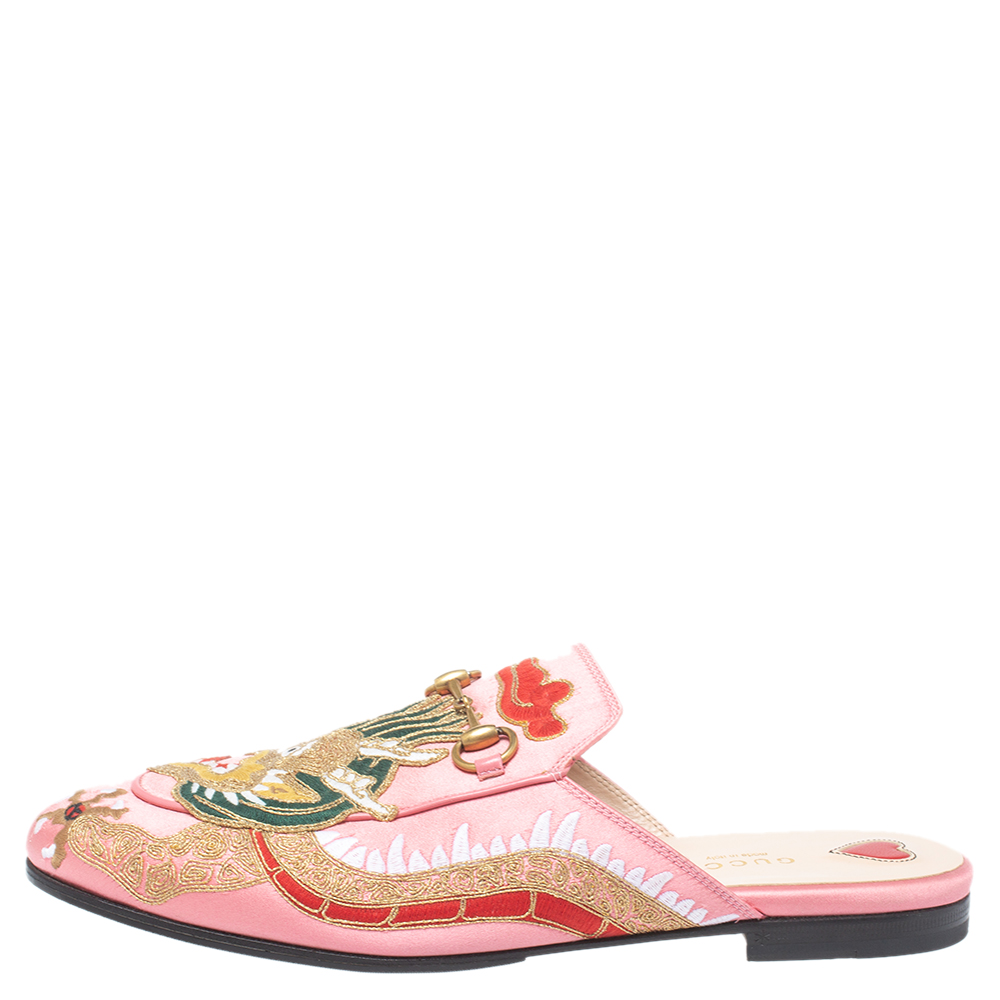 

Gucci Pink Satin Dragon Embroidery Princetown Mule Flats Size