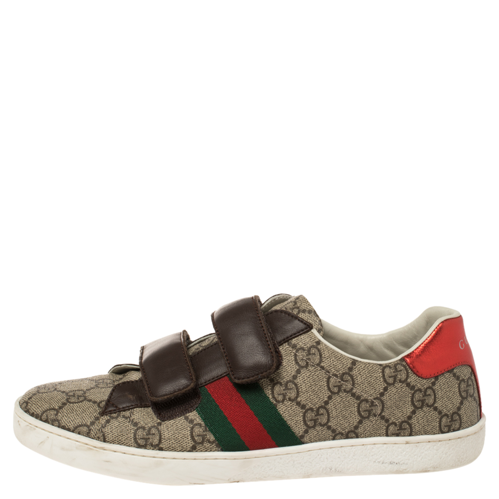 

Gucci Beige/Brown GG Supreme Canvas and Leather Ace Velcro Sneakes Size