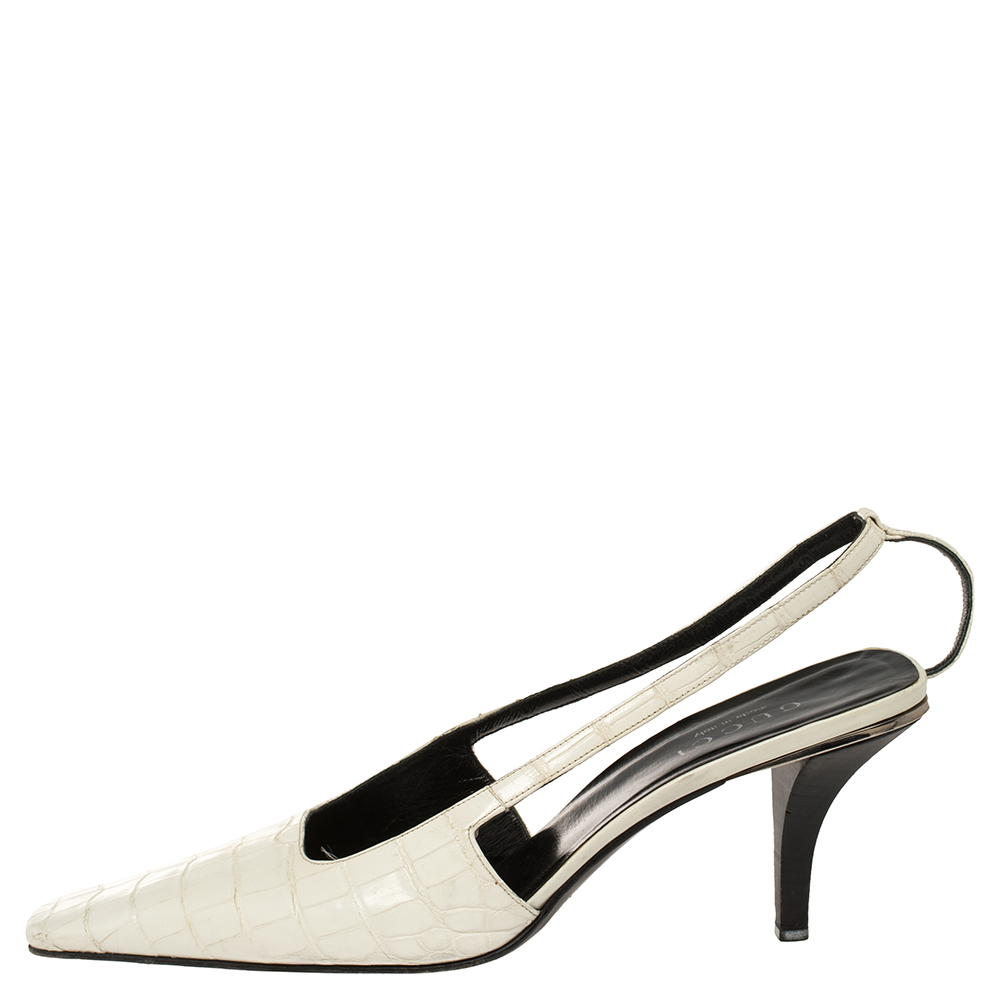 

Gucci White Croc Embossed Leather Slingback Sandals Size