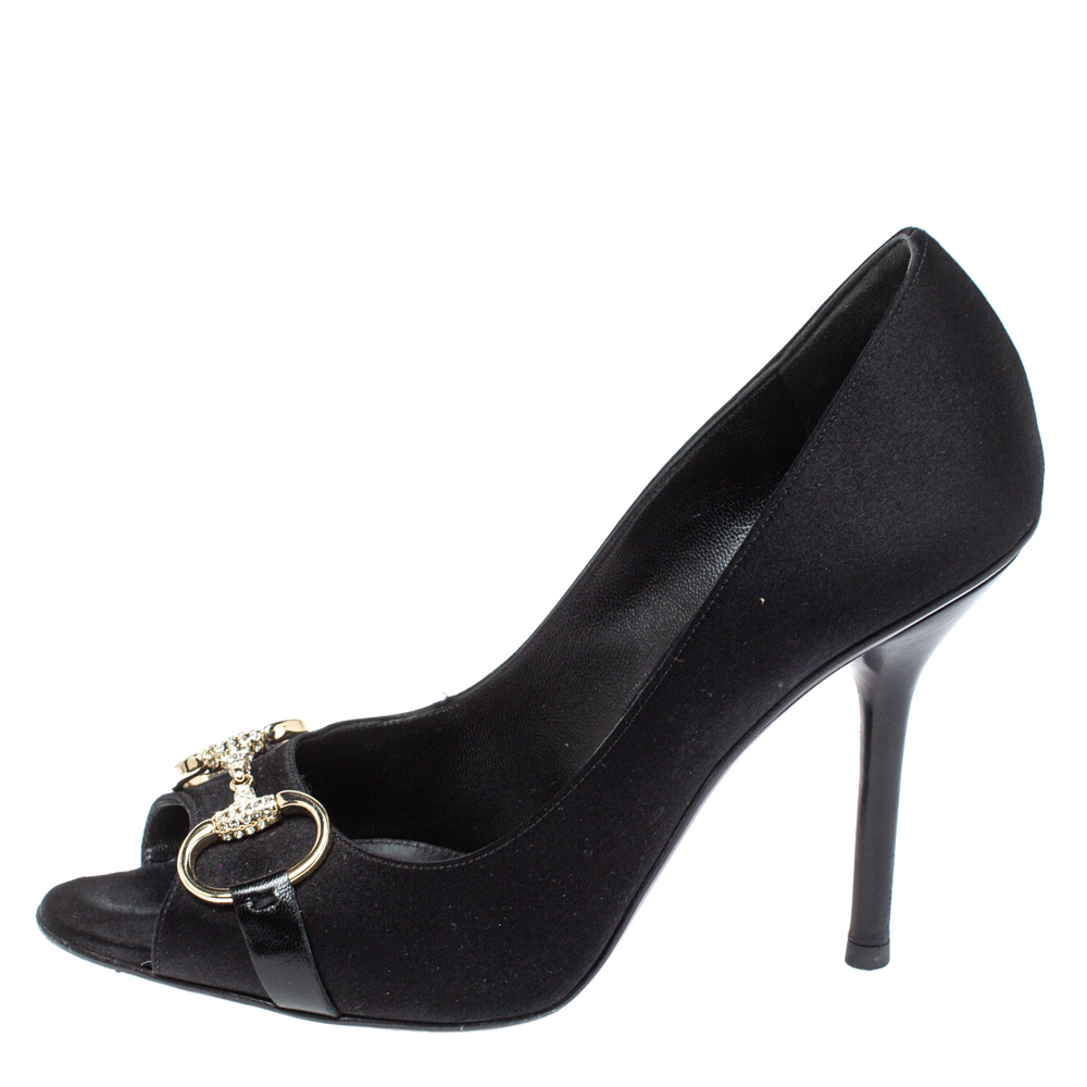 

Gucci Black Satin Horsebit Open Toe Pumps Size