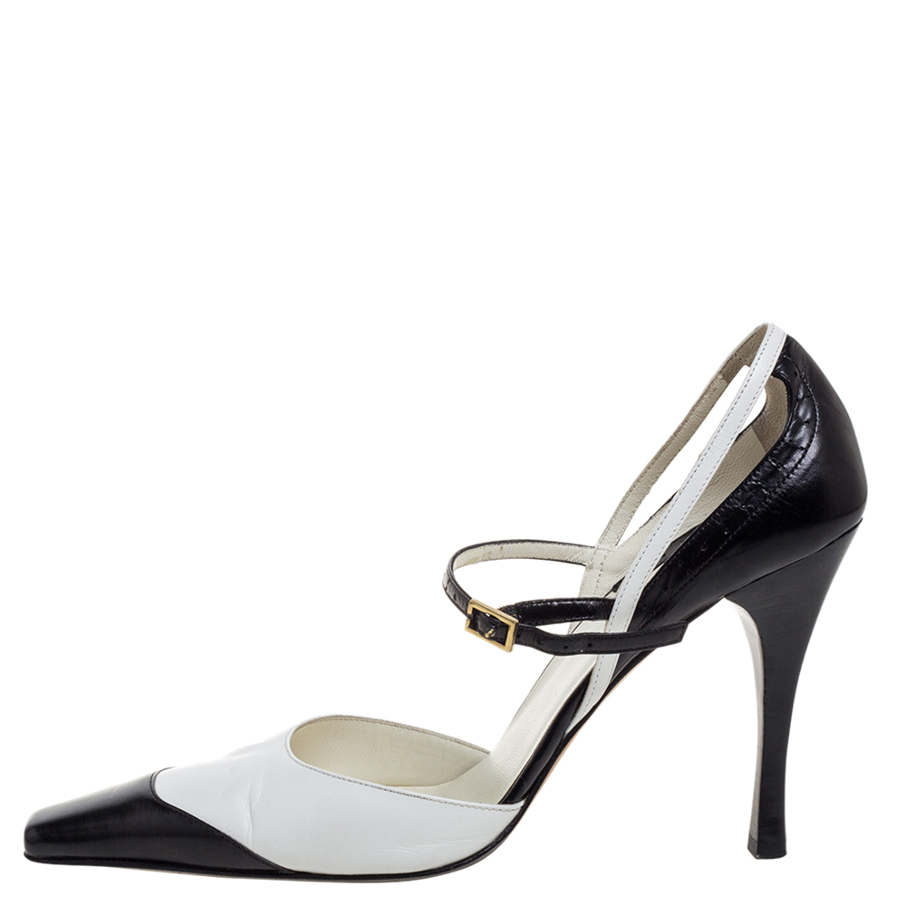 

Gucci Black/White Leather Ankle Strap Square Toe Sandals Size