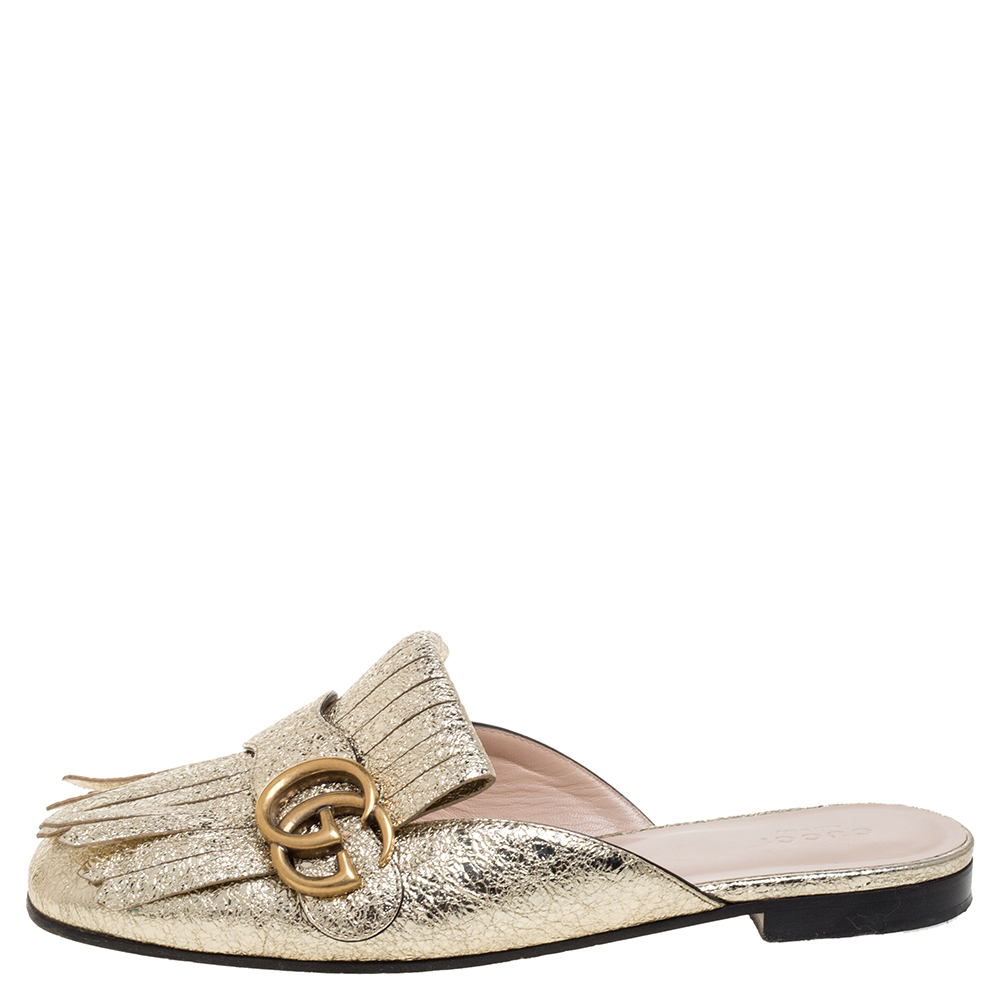 

Gucci Metallic Gold Crackled Leather Marmont Fringed Flat Mules Size