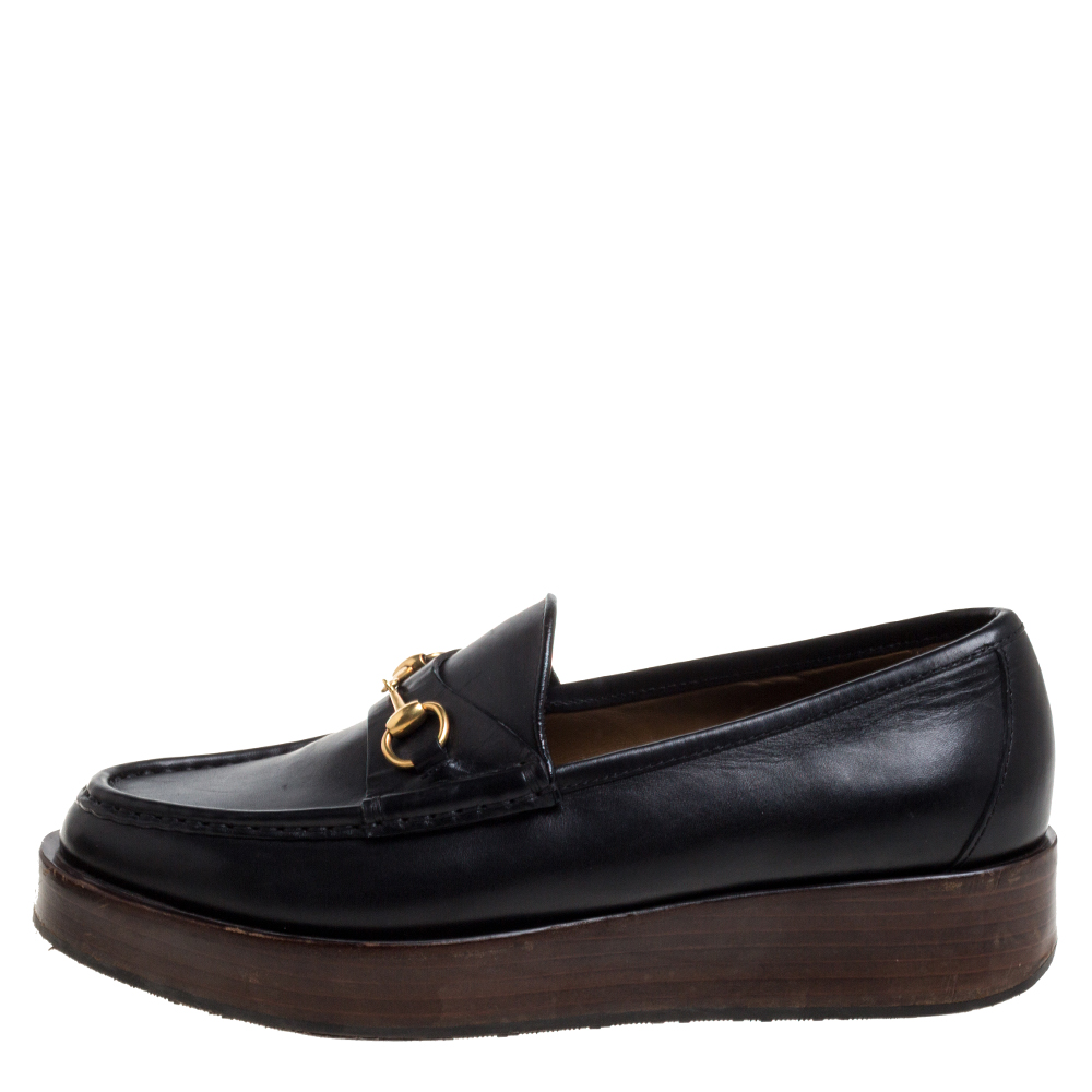 

Gucci Black Leather Horsebit Wooden Platform Loafers Size