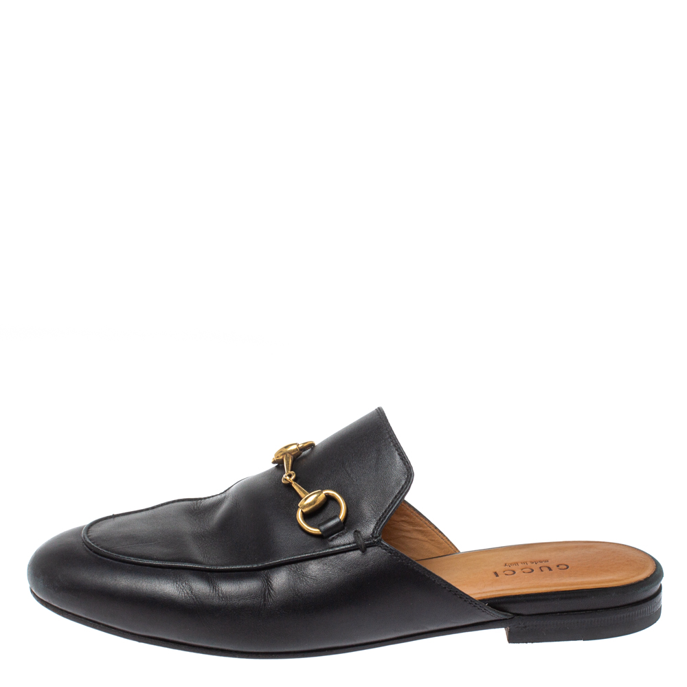 

Gucci Black Leather Princetown Horsebit Flat Mules Size