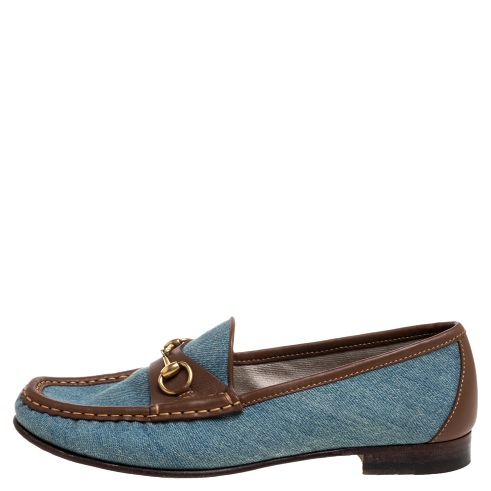 

Gucci Blue/Brown Denim Fabric And Leather Horsebit Loafers Size