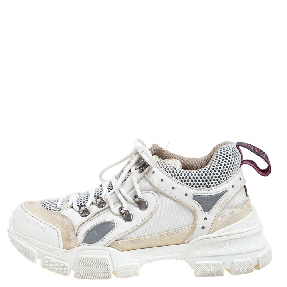 

Gucci White Leather, Suede, And Mesh Logo Embossed Flashtrek Sneakers Size