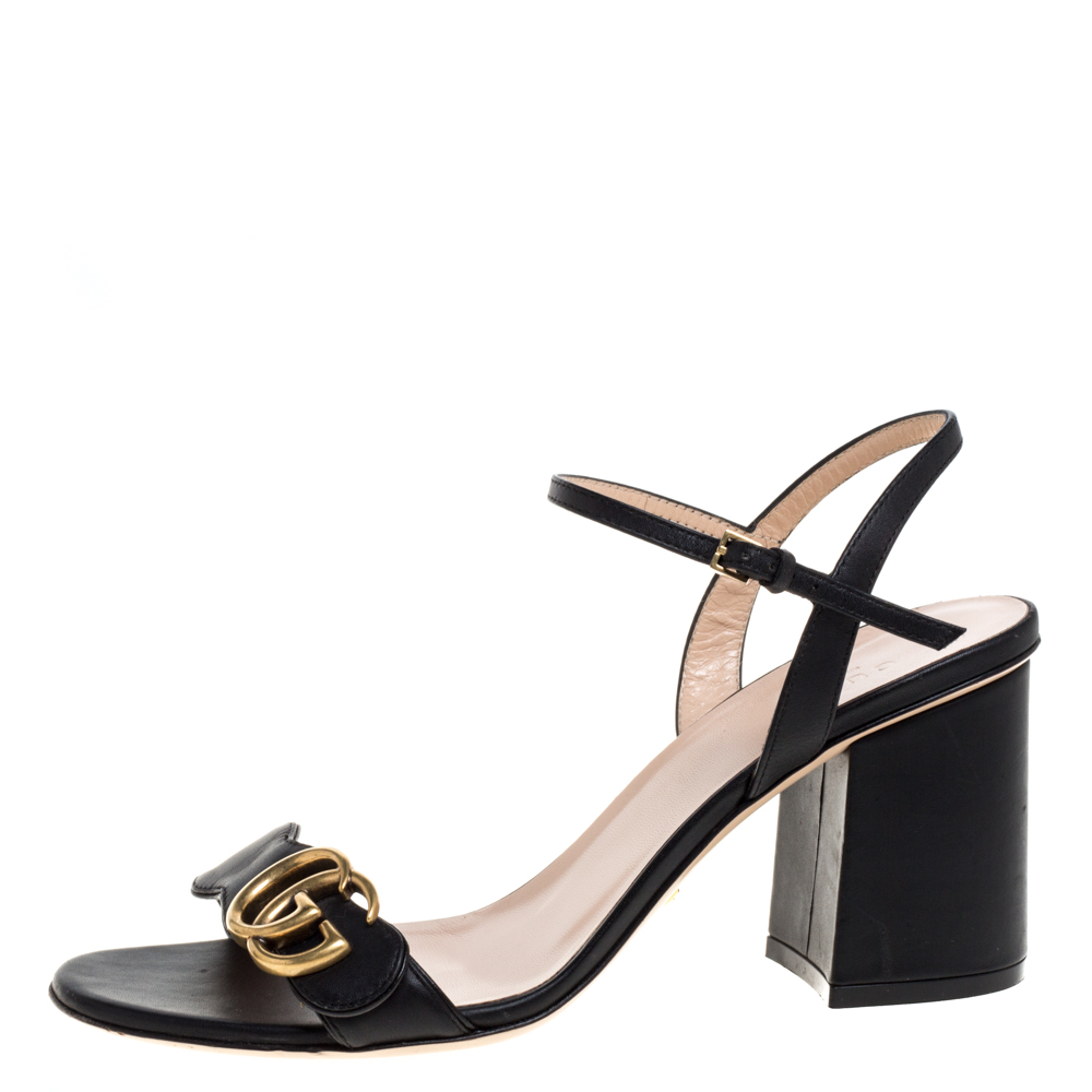 

Gucci Black Leather GG Marmont Ankle Strap Block Heel Sandals Size