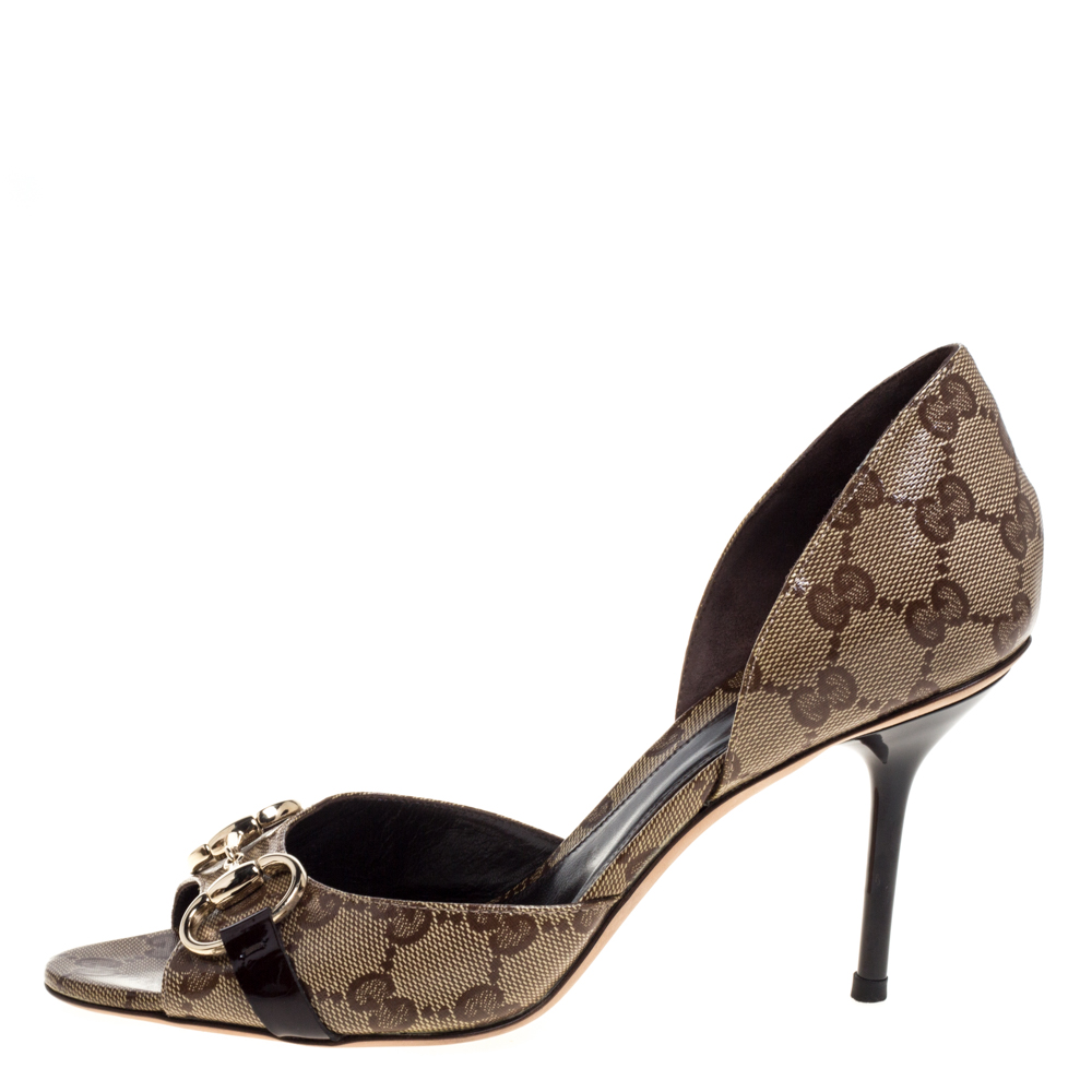 

Gucci Beige/Brown GG Coated Canvas Horsebit Open Toe Pumps Size