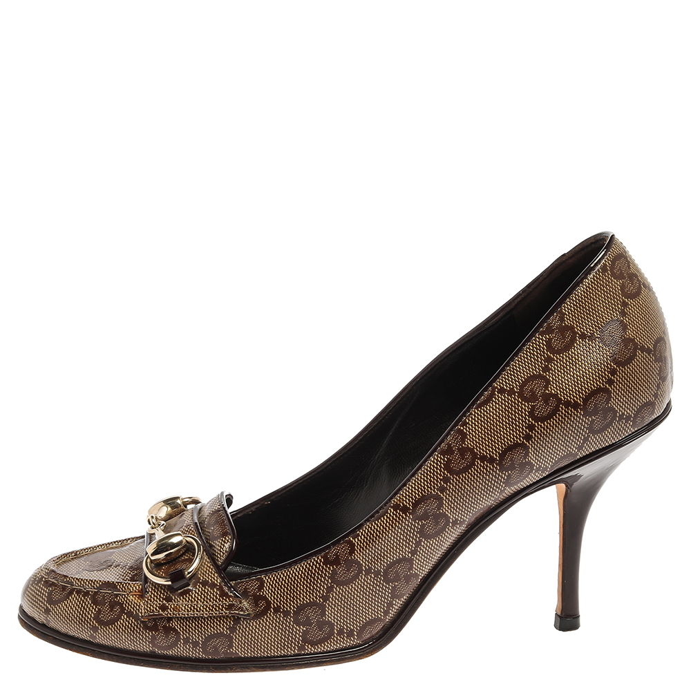 

Gucci Brown/Beige Coated Canvas Horsebit Loafer Pumps Size