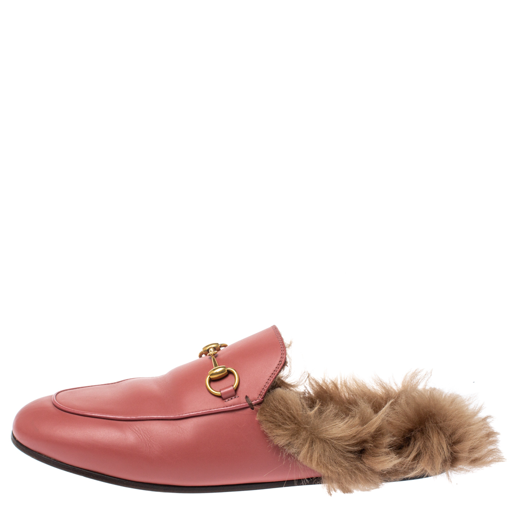 

Gucci Pink Leather and Fur Lined Princetown Flat Mules Size