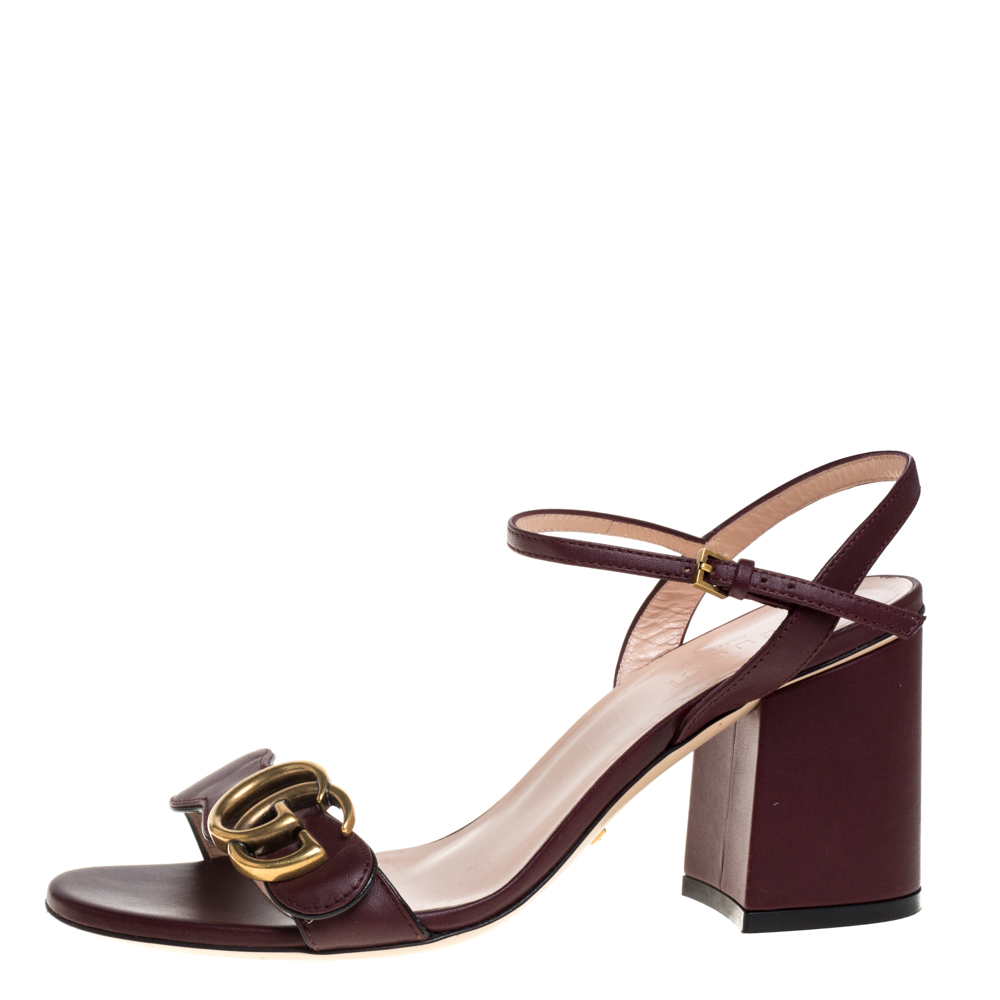 

Gucci Burgundy Leather Marmont Block Heel Ankle Strap Sandals Size
