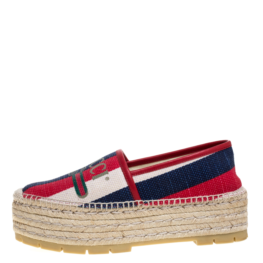 

Gucci Multicolor Canvas And Leather Trim Sylvie Platform Espadrilles Size