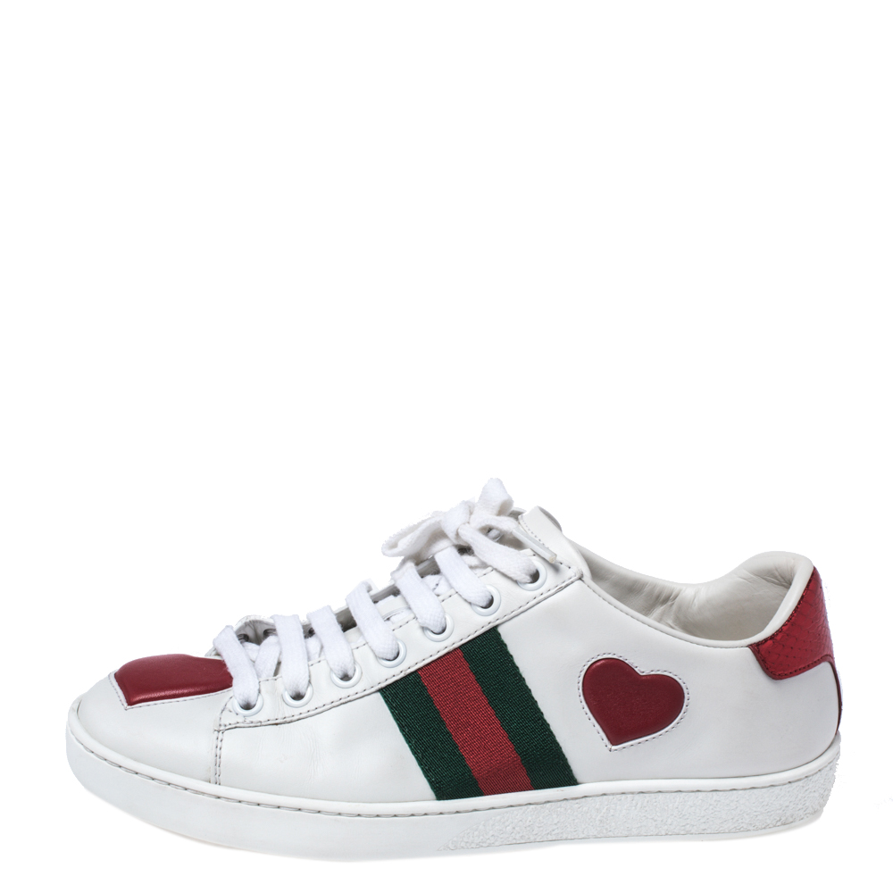 

Gucci White Leather Ace Web Heart Detail Low Top Sneakers Size