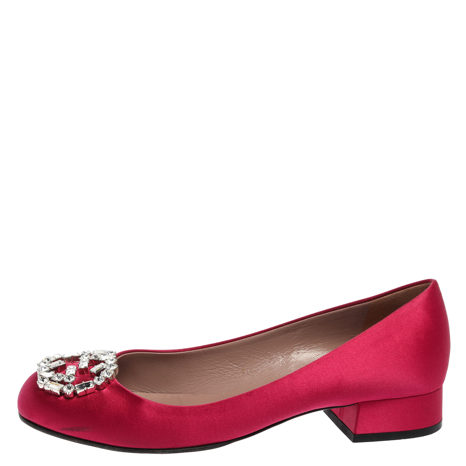 

Gucci Pink Satin GG Crystal Embellished Block Heel Pumps Size