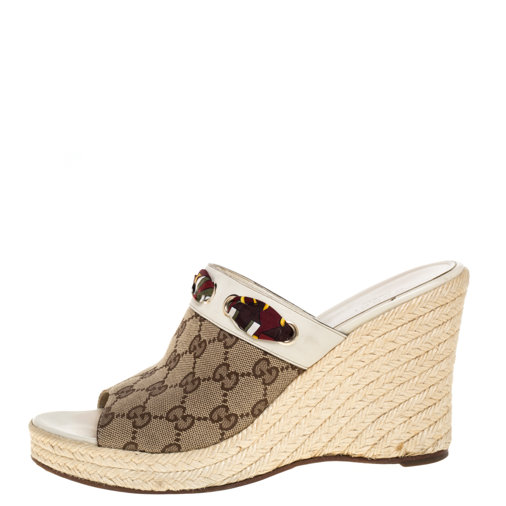 

Gucci Beige GG Canvas Espadrille Wedge Peep Toe Slides Size