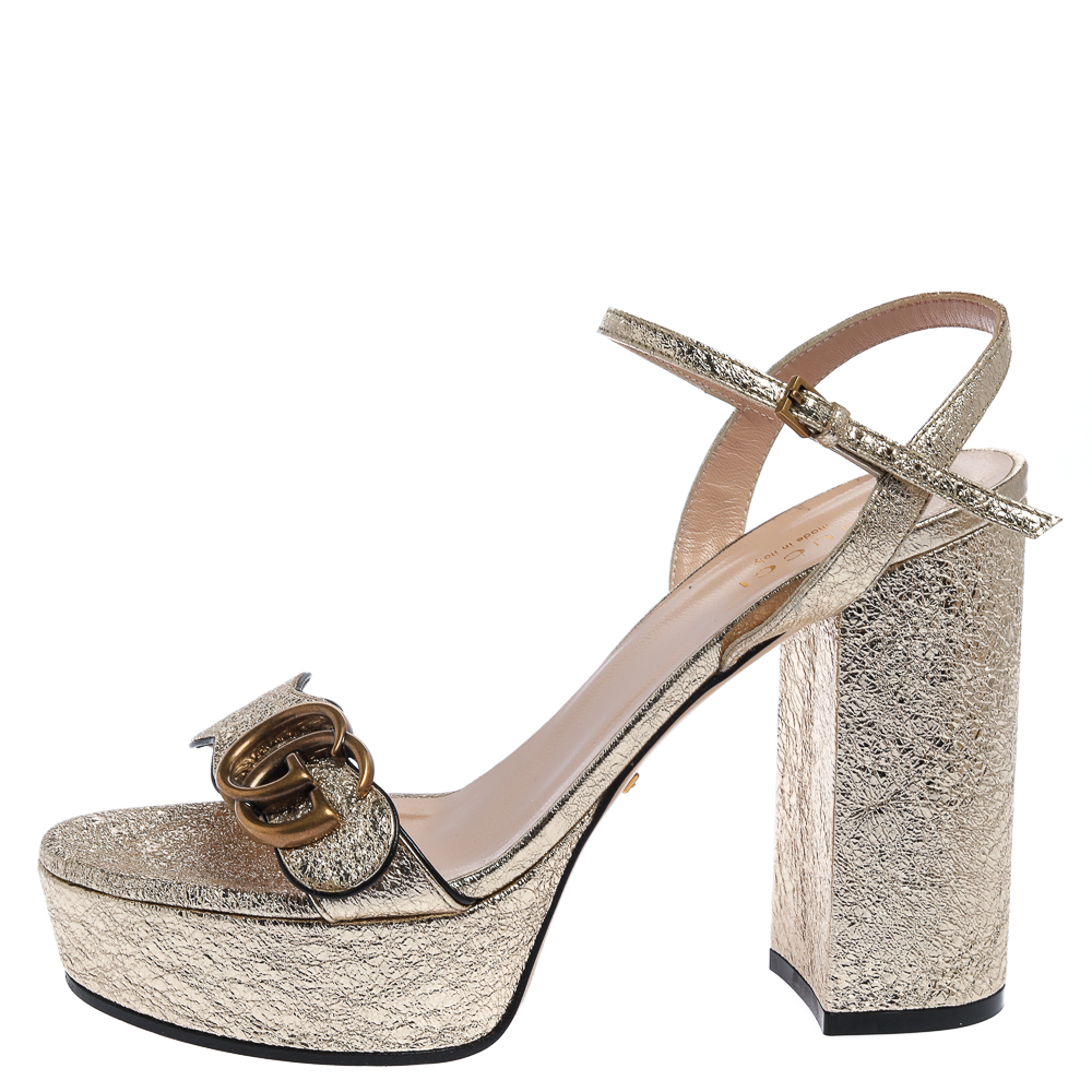 

Gucci Gold Crackled Leather GG Marmont Platform Sandals Size