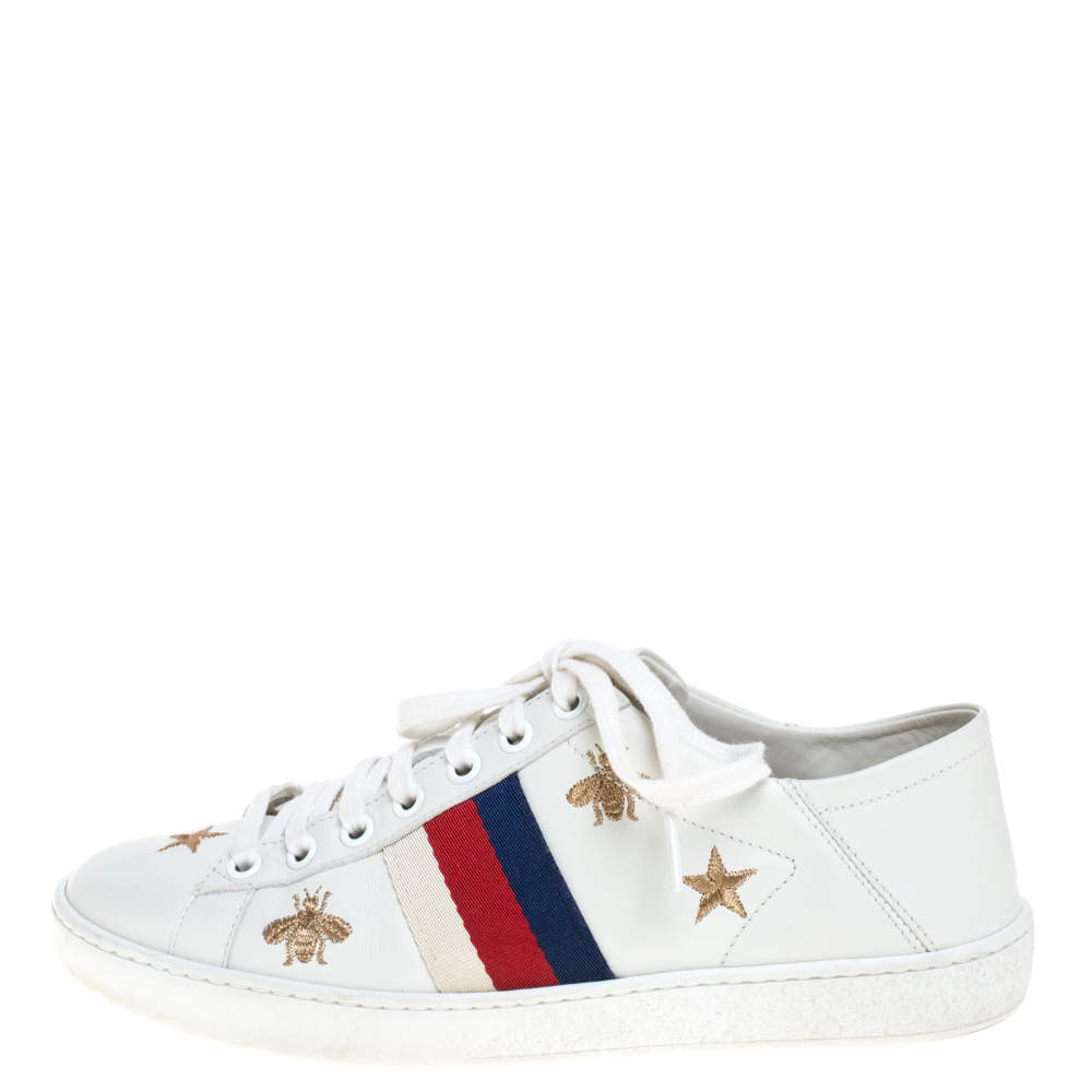 

Gucci White Leather Ace Bees and Stars Embroidered Low Top Sneakers Size
