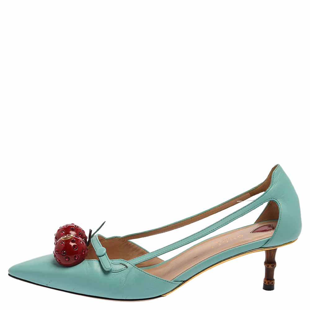 

Gucci Blue Leather Unia Cherry Bamboo Heel Pointed Toe Pump Size
