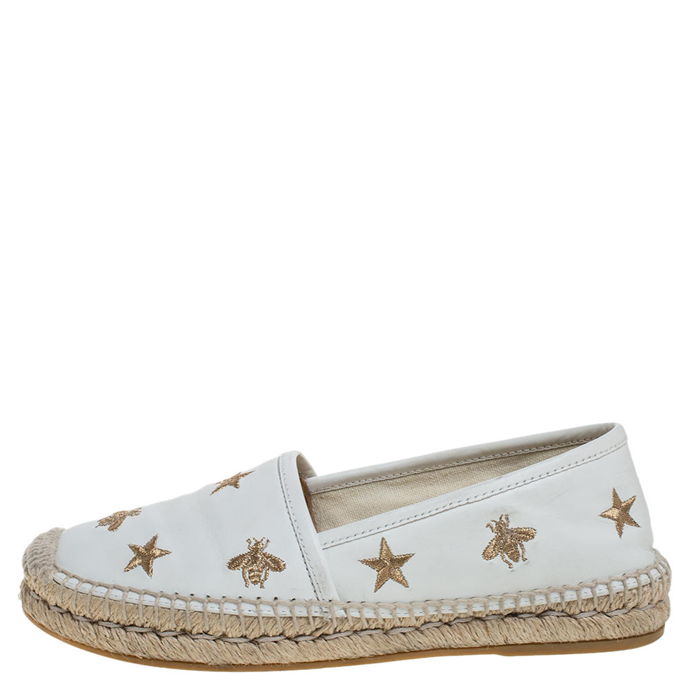 

Gucci White Leather Pilar Bee Espadrilles Flats Size